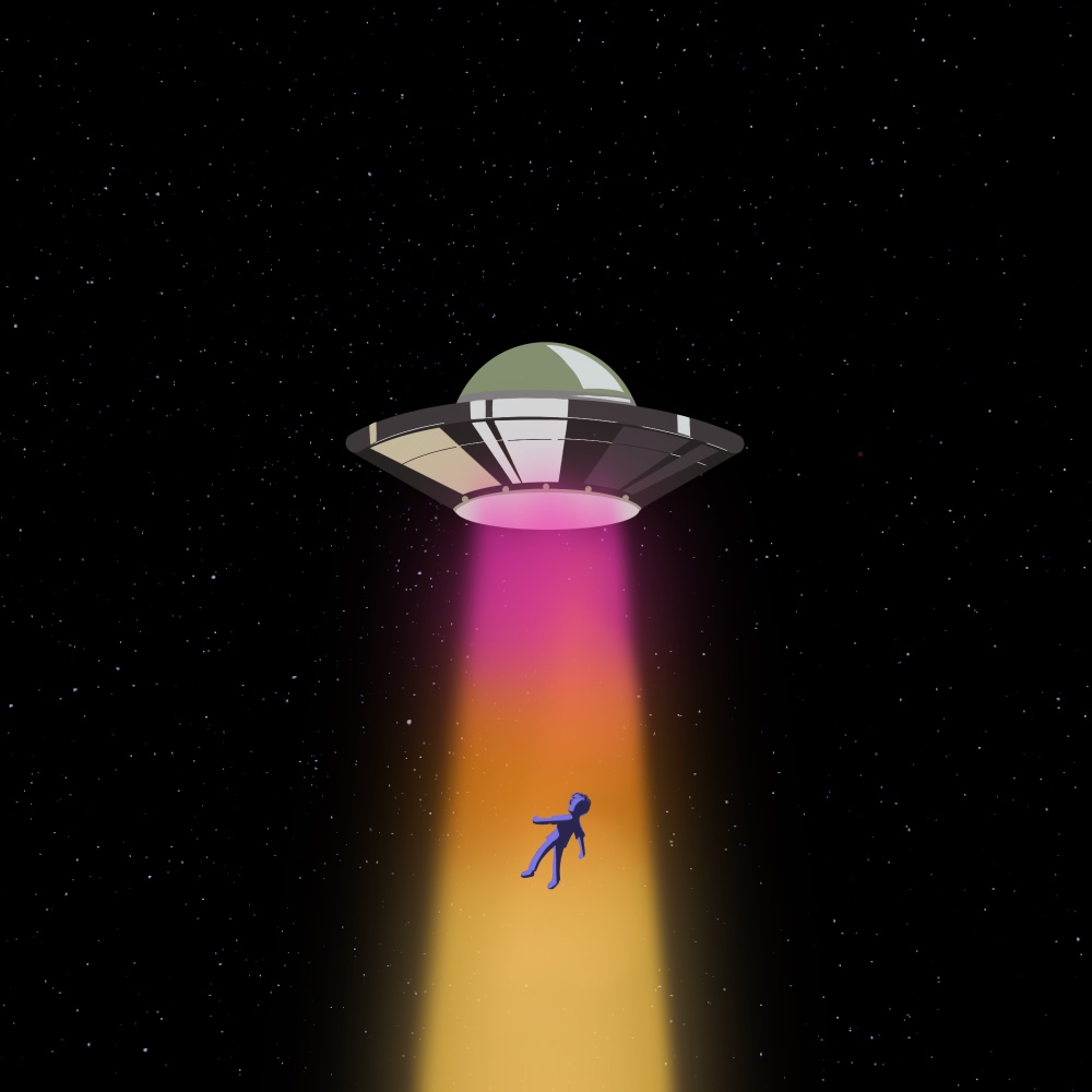 Person being beamed into a space ship